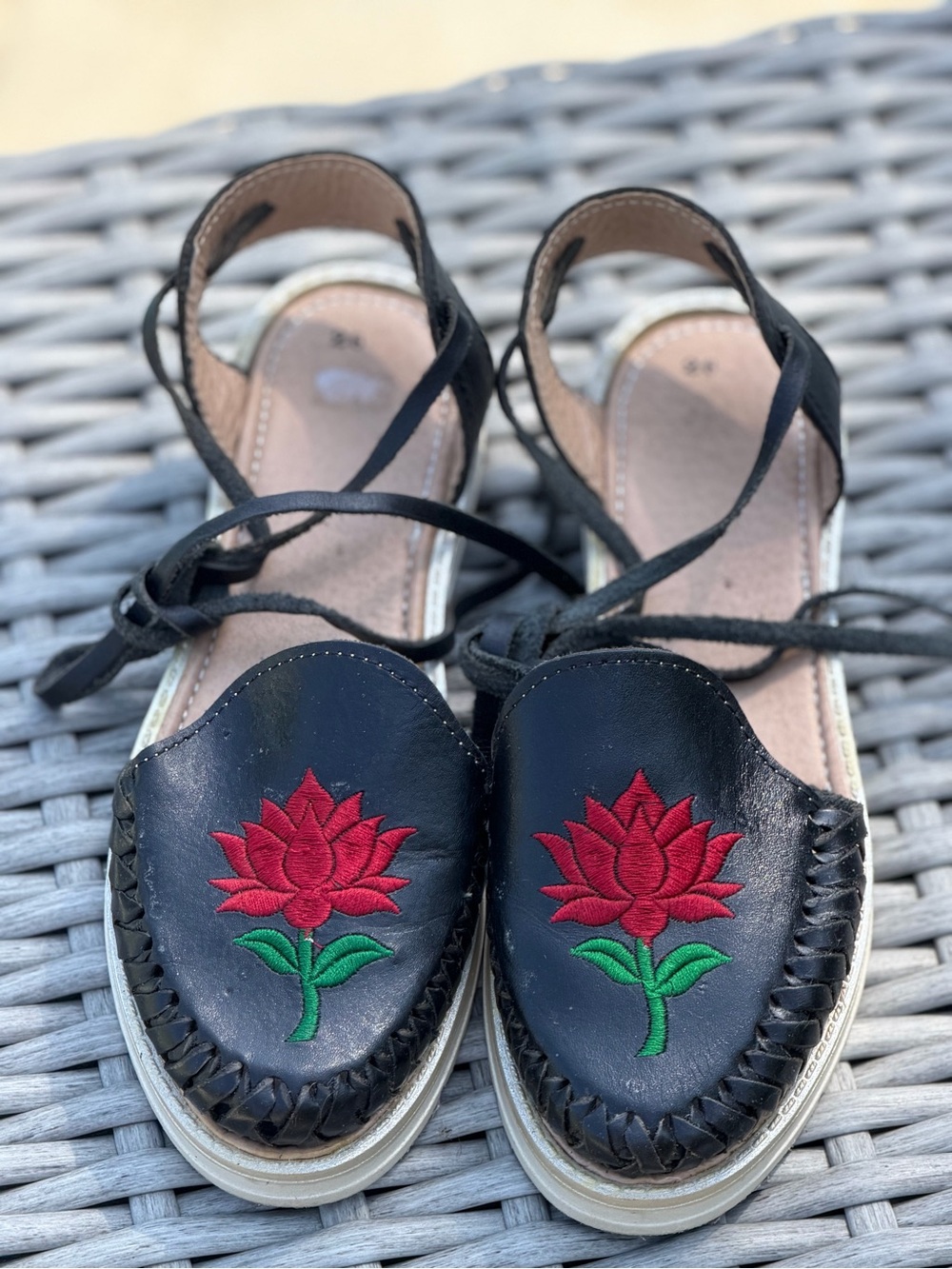 Women’s Black Leather Espadrille Sandals with Red Floral Embroidery